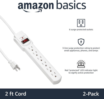 Amazon Basics Rectangle 6-Outlet, 600 Joule Surge Protector Power Strip, 2ft, Small, White, 2-Pack