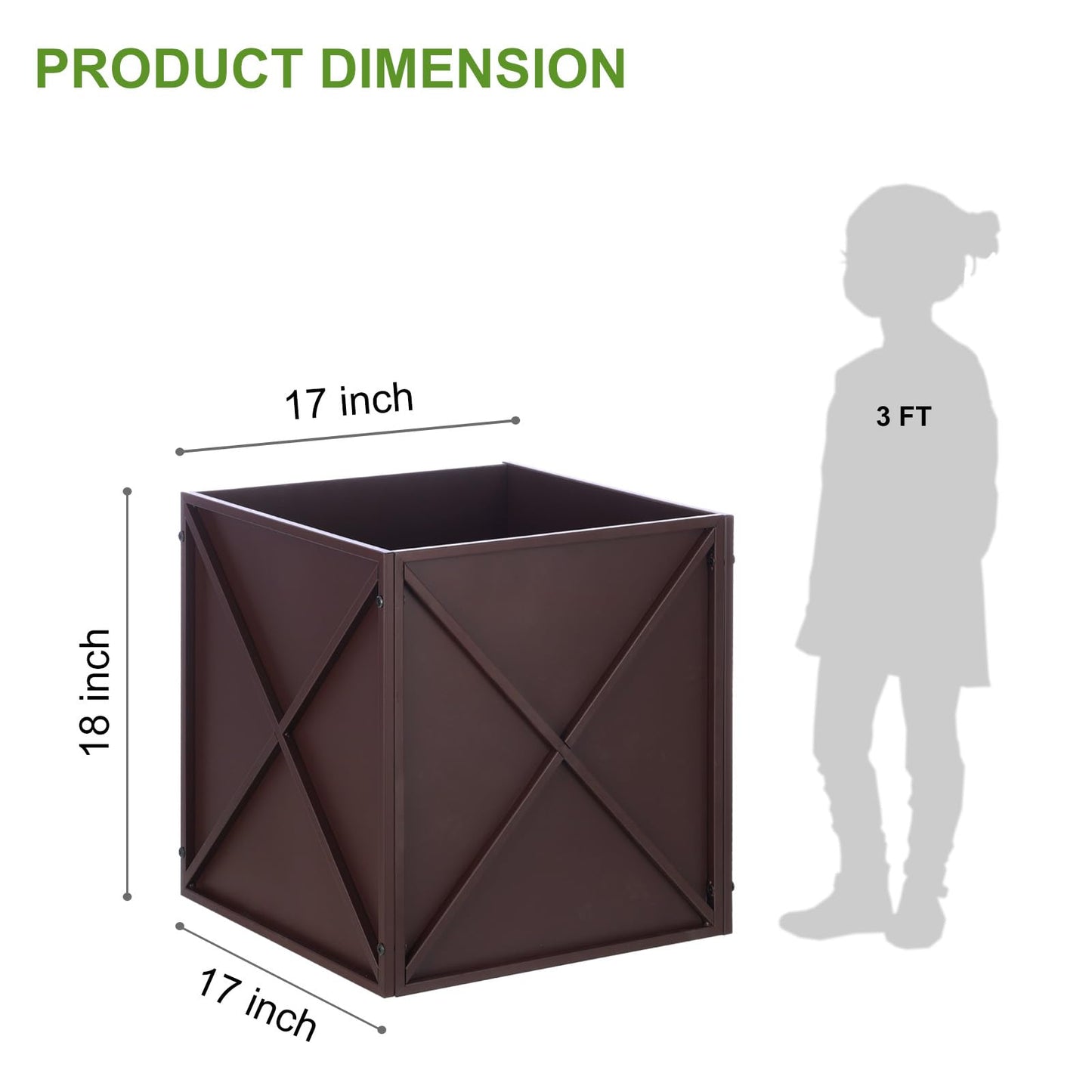 BAYN Metal Square Planter Box Tall Planters for Outdoor Plants Modern Heavy Duty with Drainage Holes for Outside Indoor Patio Deck - Brown, 17”x 17”x 18”