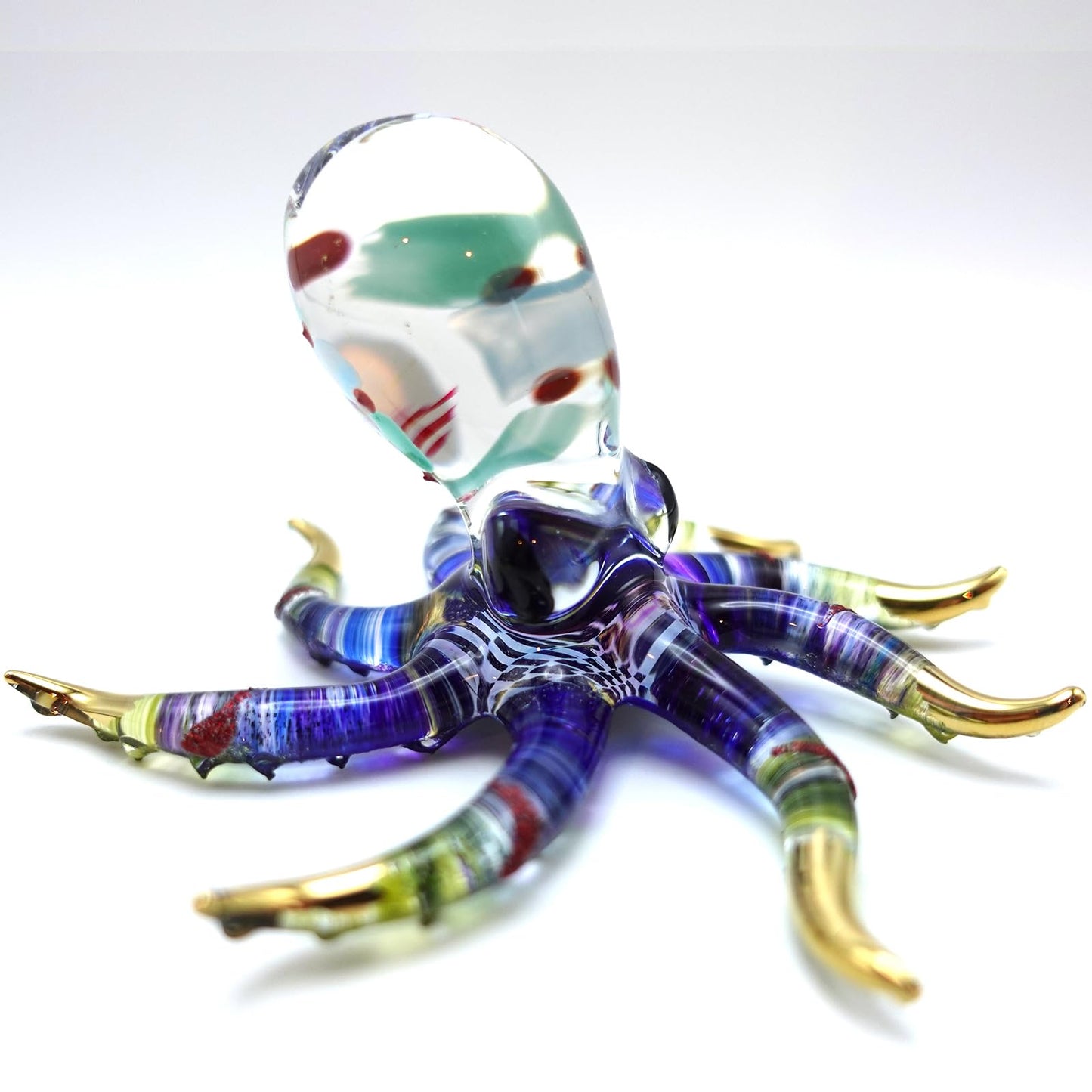 Sansukjai Octopus Glass Handmade Figurine – Detailed Hand-Painted Blown Glass Sea Animal Sculpture with 22K Gold Accents – Collectible Marine Life Art & Unique Ocean Gift Décor (4 inches Multi-Blue)