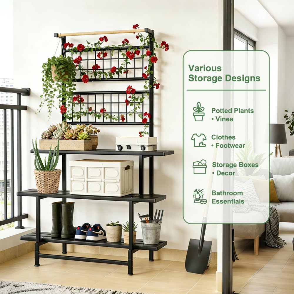 YOBAZAN 3-Tier Metal Plant Stand with Hanging Shelf – Heavy Duty, Waterproof Indoor & Outdoor Flower Rack for Multiple Pots, Balcony, Garden, Living Room – Black
