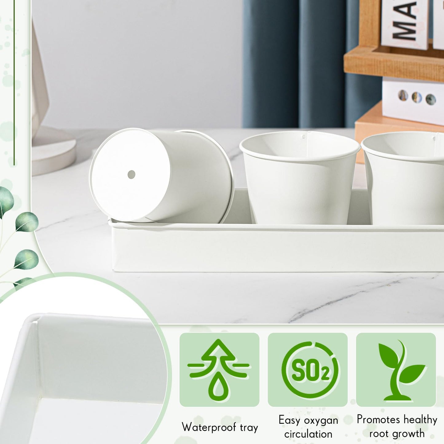 FoldTier 2 Sets Herb Garden Planter Indoor Kit with Trey 10 Pcs Metal Windowsill Plant Pots with Drainage Holes Indoor Herb Planter with Marker and Labels for Home Outdoor Plants(White)
