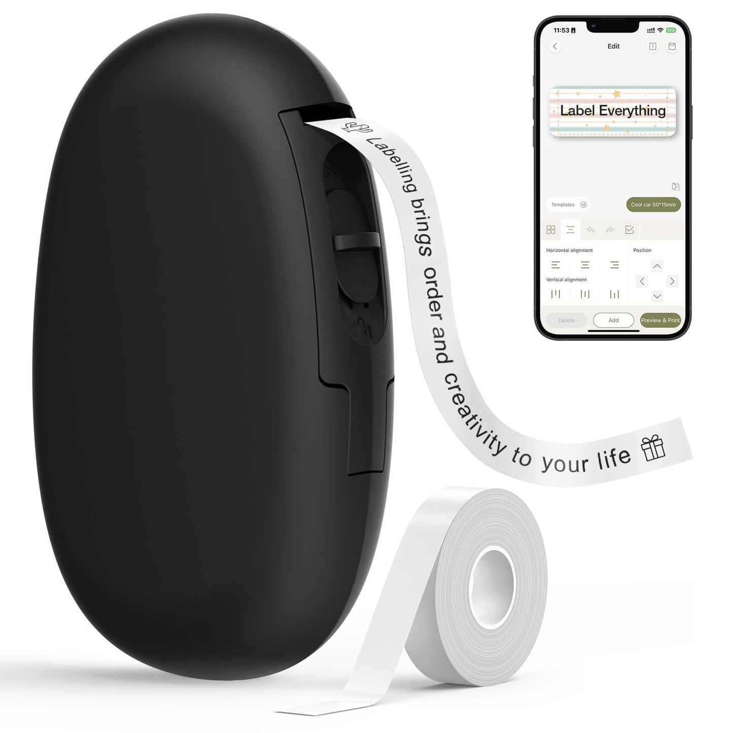 SUPVAN E10 Mini Bluetooth Label Maker Machine with Tape, Continuous Waterproof Label, Versatile App with 40+ Fonts and 600+ Icons, Inkless Labeler for Home, Kitchen, School, Office Organization, Black