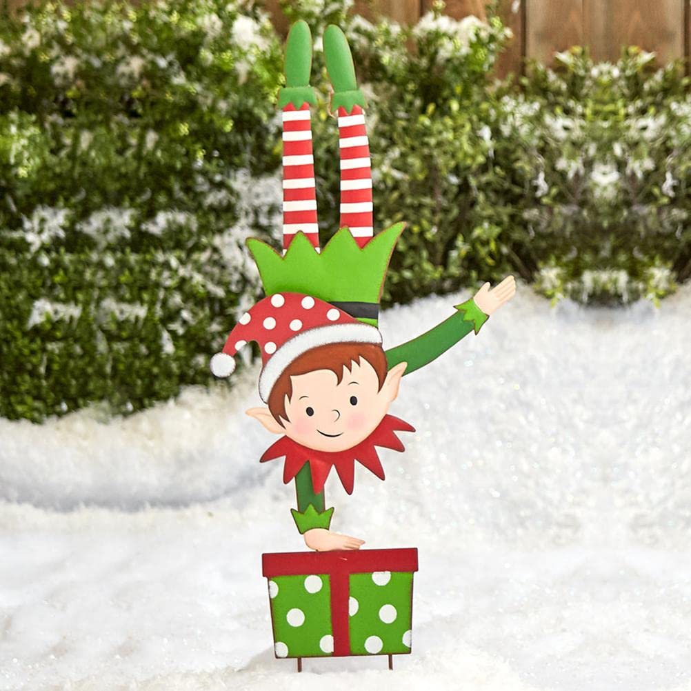 shenruifa Christmas Elf Garden Stake, Metal Gnome Yard Stake Wrought Iron Elf Ornament Yard Signs Decor Outdoor Holiday Decoration (a)