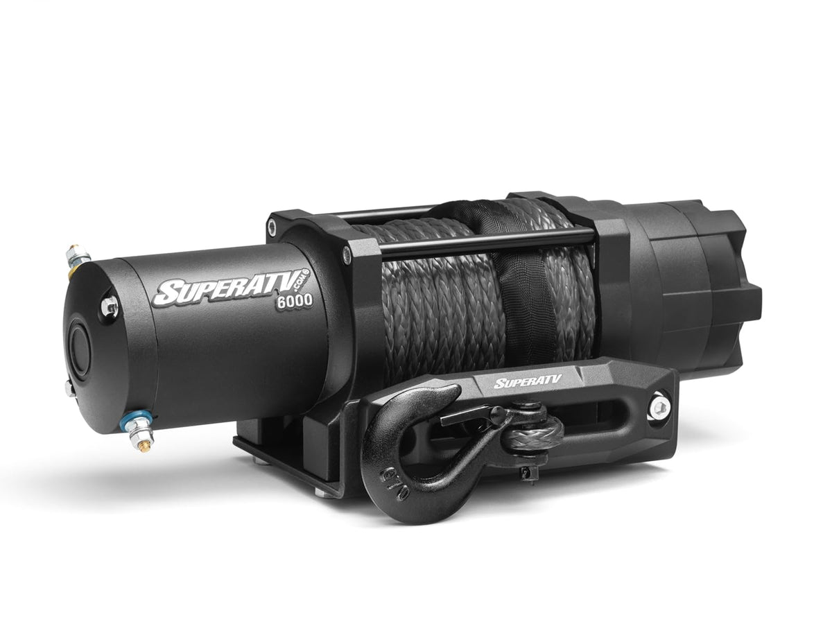 SuperATV Black Ops 6000 LB Winch Kit For UTV/ATV | Includes 50' Synthetic Rope | Permanent Magnet DC 12V, 1.9 HP Motor And More