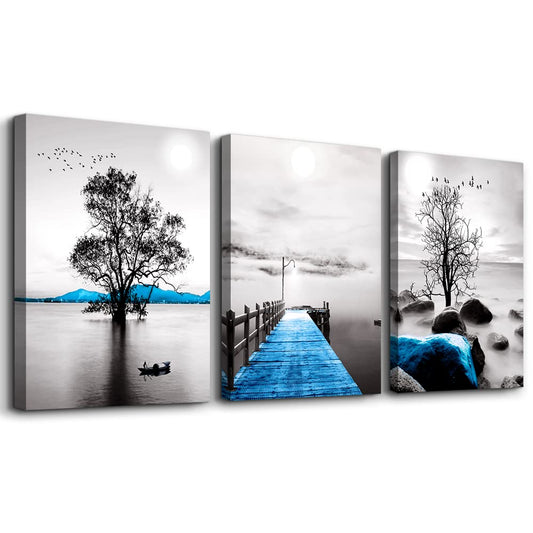 Framed Canvas Wall Art for Living Room, Bedroom, Office - Black and White Ocean Landscape Paintings - Modern Posters and Pictures for Bathroom Home Decor - 3 Piece Set