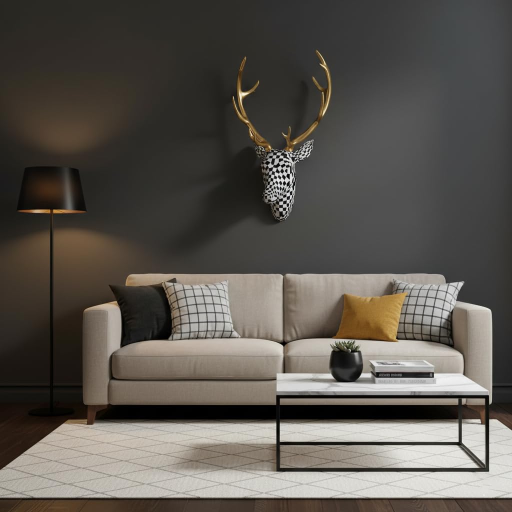 XYZWOMN Deer Head Wall Decor, 15.7 Inch Faux Resin Animal Head Wall Mount with Gold Antlers, Modern Mosaic 3D Wall Art Sculpture for Living Room Bedroom Home Decoration, Black and White