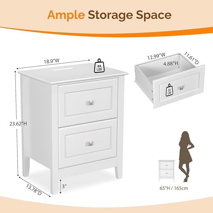 Bonnlo White Nightstand with Charging Station Night Stand White Wood Nightstand
