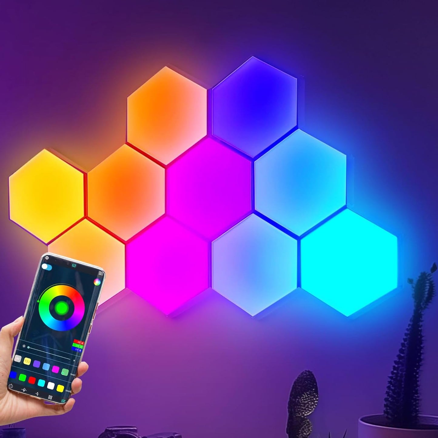 LED Hexagon Lights for Gaming Setup, Smart Home Gaming Wall Lights Work with Alexa Google Assistant, Voice, App & Remote Control, RGB-IC LED Light Panels Music Sync for Game Room Bedroom, 10 Pack