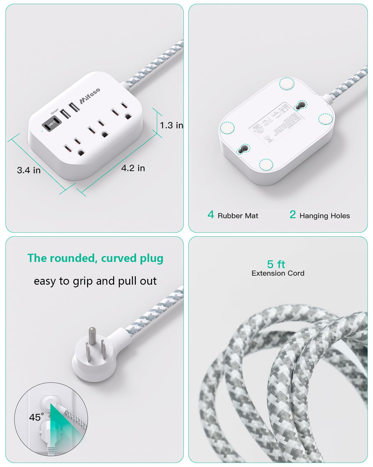 Travel Essentials - Mifaso Power Strip with USB, Compact Flat Plug Extension Cord 5ft with 3 Outlets 4 USB Ports, Non Surge Cruise Must Haves, Cruise Ship Essentials, Dorm Room, Apartment Essentials