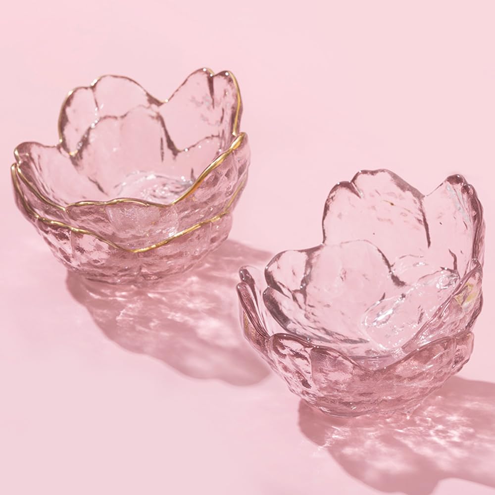 4 Pack Sakura Sauce Dishes Set, Pink Cherry Flower Crystal Glass Appetizer Plates Dipping Bowls Tasting Dishes Serving Dish Seasoning Saucers Bowl Little Bowls Ice Cream Snack Sushi Soy Condiment Dish