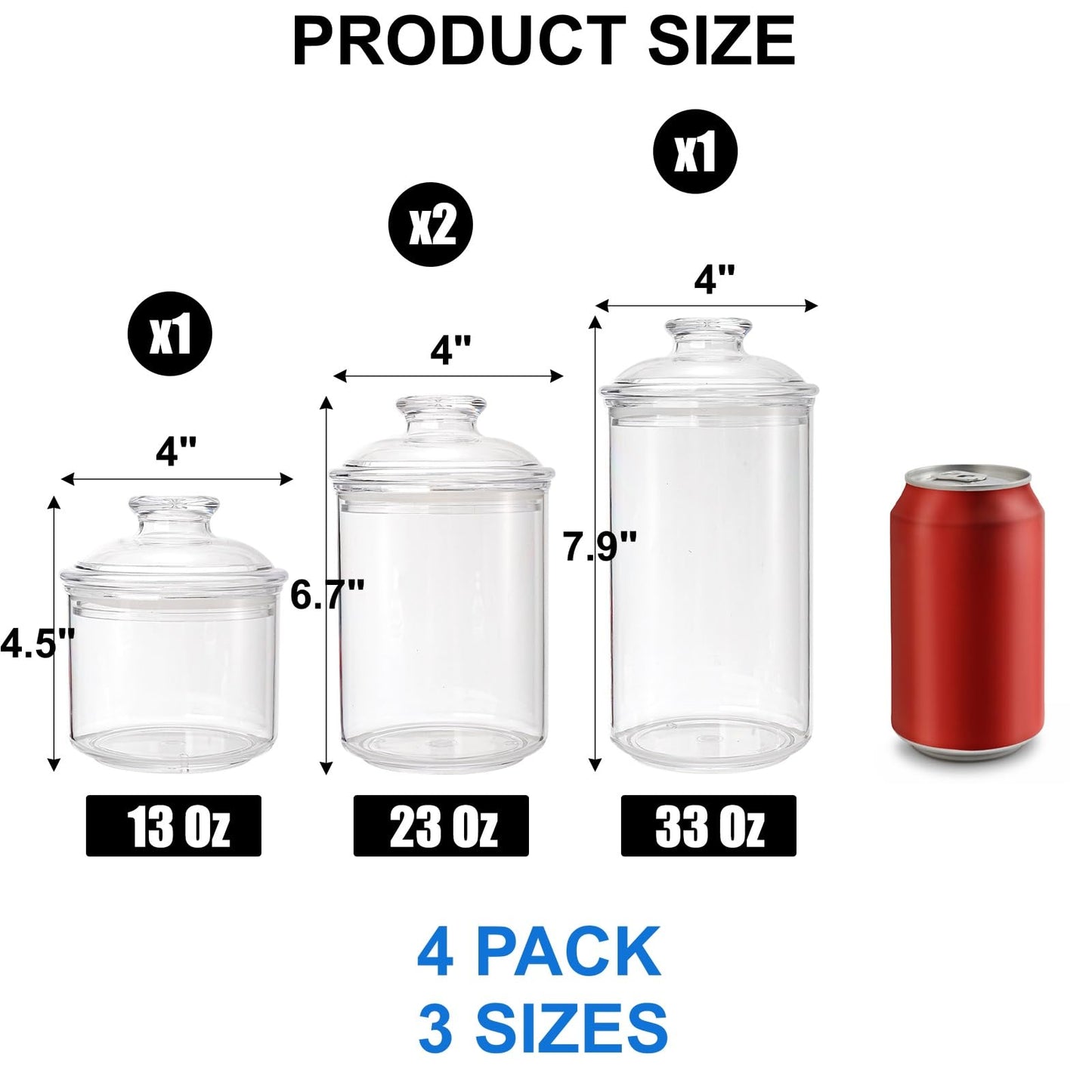 DEAYOU 4 Pack Clear Plastic Apothecary Jars, Plastic Storage Jar Canister with Airtight Lid, Cotton Ball Holder Bathroom, Candy Cookie Container Organizer for Bath Salt, Vanity, 33 Oz/23 Oz/13 Oz