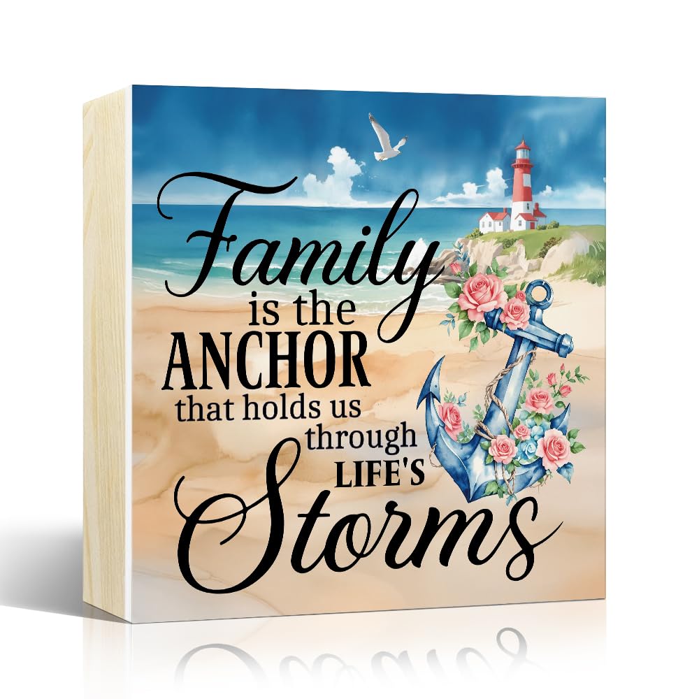 Sixrip Family Is The Anchor Wooden Box Sign, Funny Sea Anchor Home Desk Decor for Sailing Lover Dad Mom, Ocean Family Inspirational Wooden Box Sign Plaque For Shelf Bathroom Table Indoor