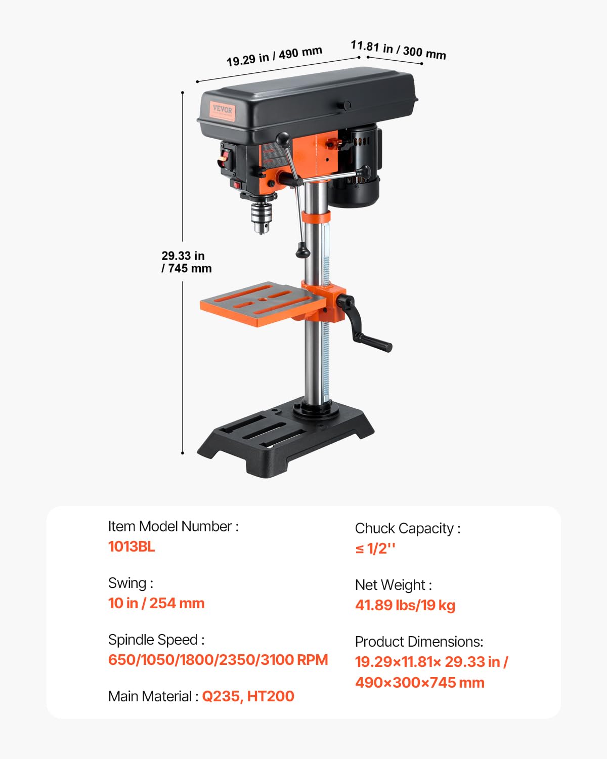 VEVOR Benchtop Drill Press, 3.2 Amp and 5-Speed Adjustable Drill Press with 10 in Swing, Cast Iron Frame, Worktable Tilts 0-45°, Ideal for Drilling Wood & Metal