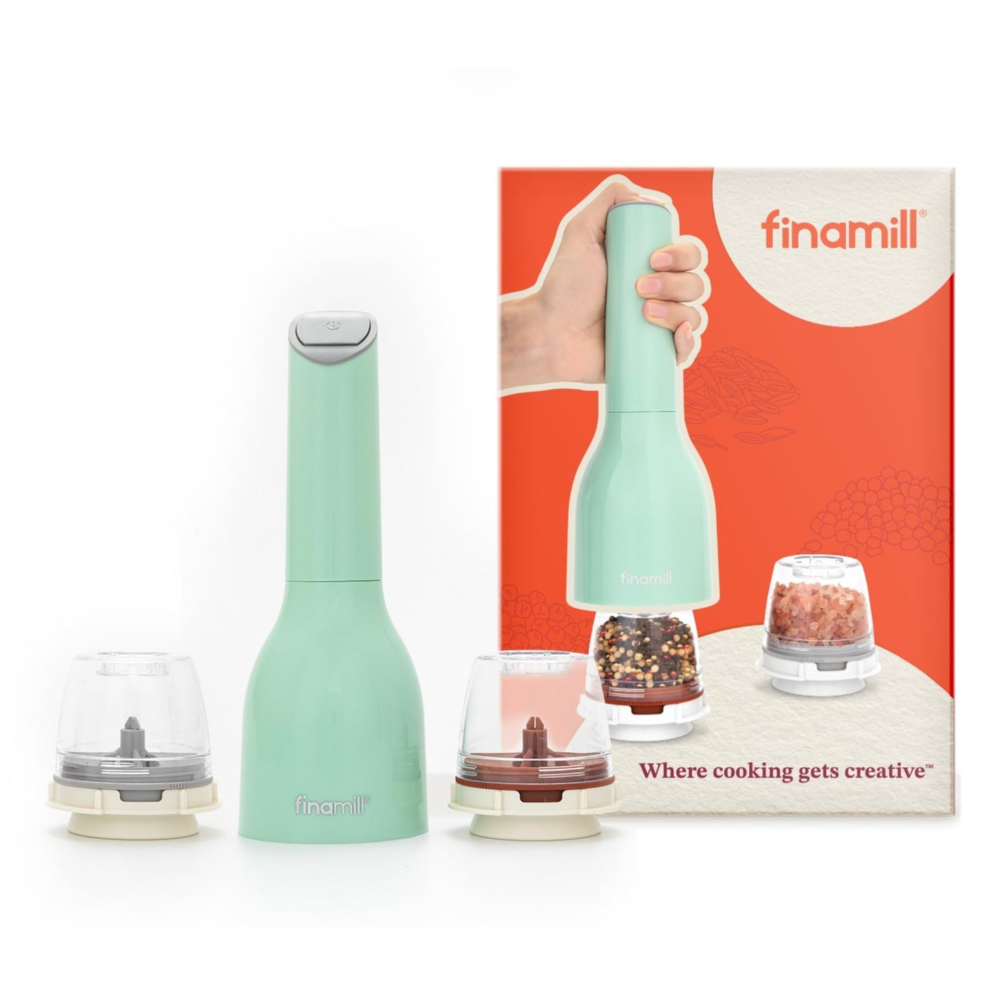 FinaMill Classic Battery Spice Mill – Battery Operated Salt and Pepper Grinder Set, Includes 2 Interchangeable Spice Pods, Adjustable Coarseness, LED Light, Home and Kitchen Gift Set for Father's Day