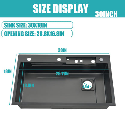 Nano Black Kitchen Single Bowl Sink Stainless Steel Waterfall Sink with Double button Pull-Out Tap,rain Basket,Cup washer, cutting board, vegetable washing basin (BLACK, 30X18")
