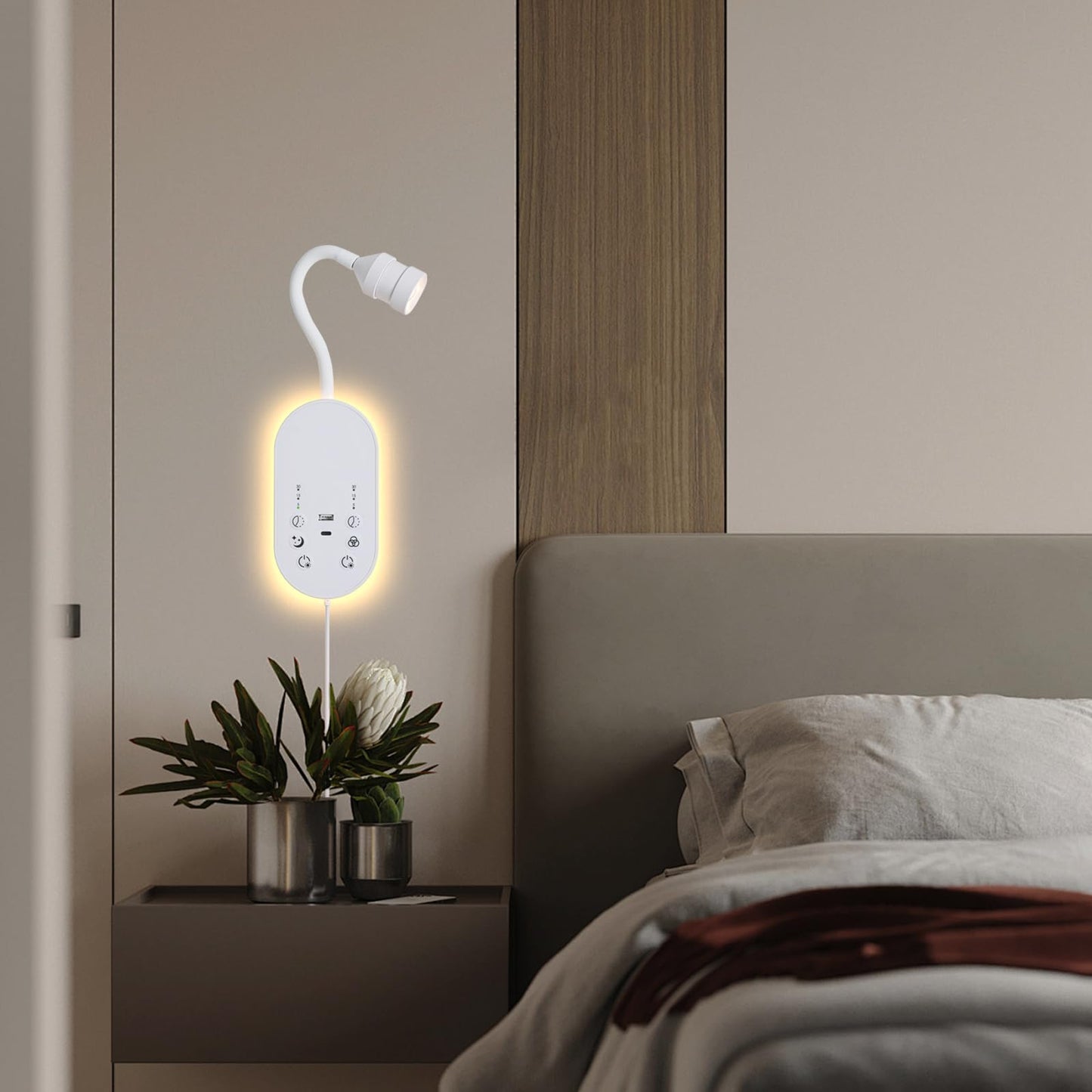 MOLUOLA LIGHTING LED Wall Mounted Reading Light for Bed, Book Light for Reading with Touch Control, Stepless Dimmable, Flexible Gooseneck Bed Light with USB C+A, Night Light & Timers Function (White)