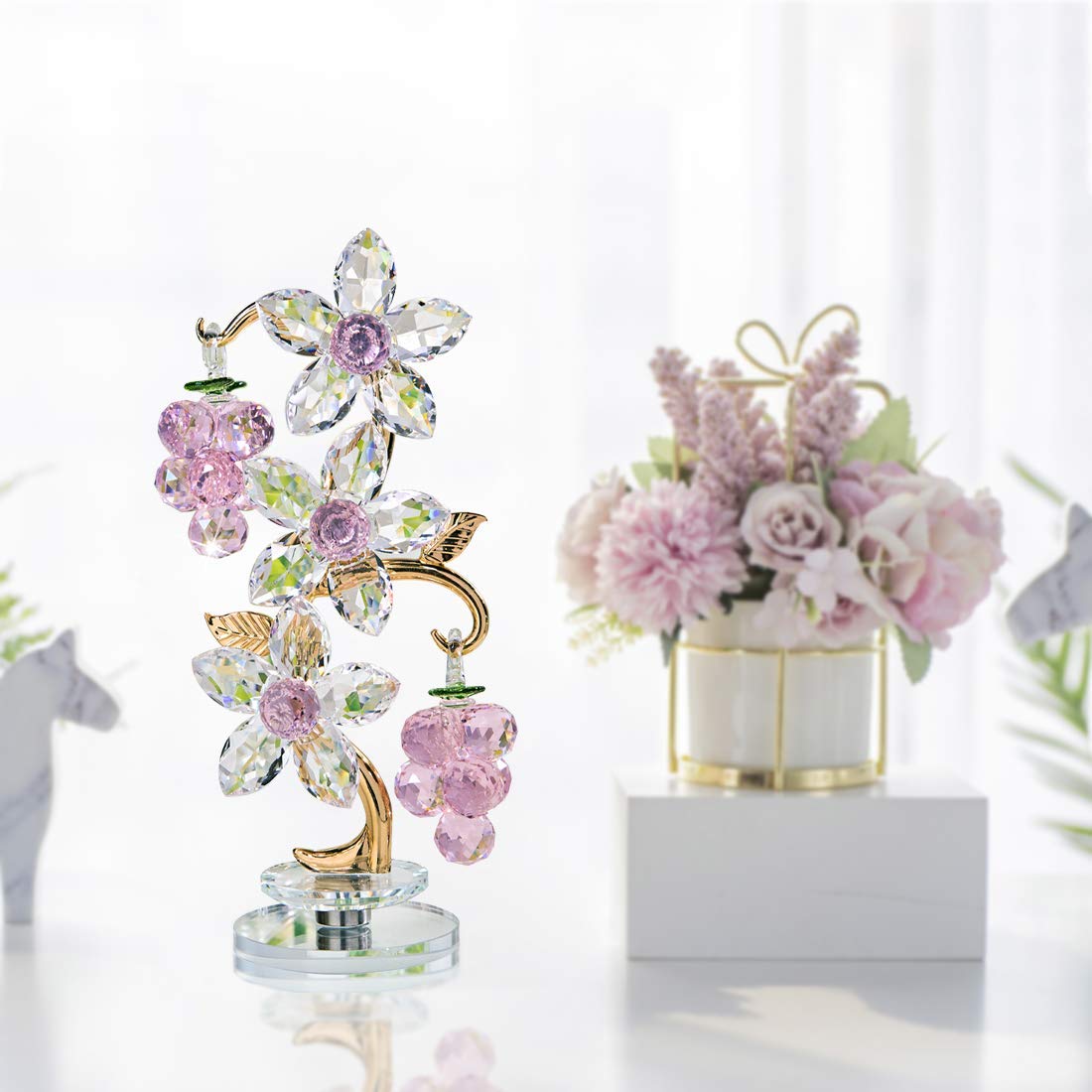 Rotating Pink Crystal Grape Figurine Table Centerpiece Decor