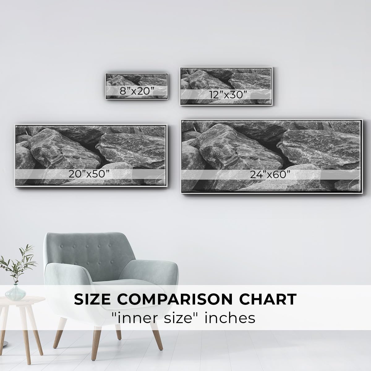 Renditions Gallery Floater Framed Home Décor Black Textured Rock Painting Canvas Hanging Decoration for Lounge Kitchen Bedroom - 20"x50" White Frame LT621