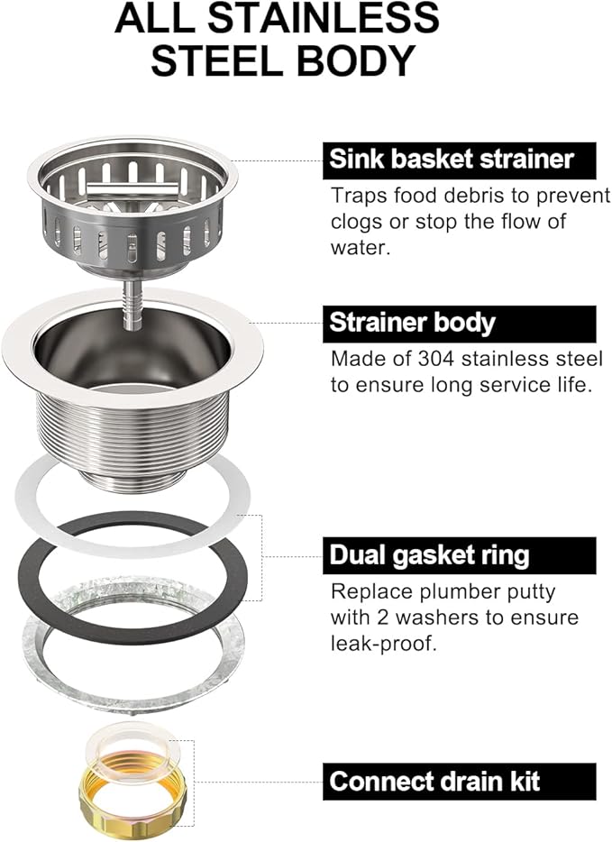 BOTEMY B9171 Kitchen Sink Drain 3 1/2 Inch Kitchen Sink Drain Strainer Assmebly
