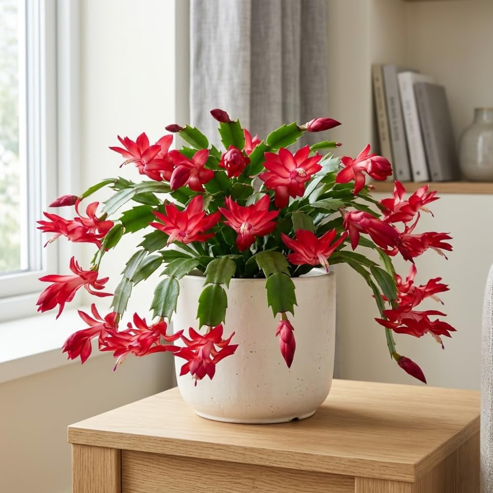 2 Red Christmas Cactus Live Plant, 5-6 Inch Tall, Easy to Care Indoor Winter Houseplant for Office Desk and Patio Decor, Vigorous Live Holiday Plant