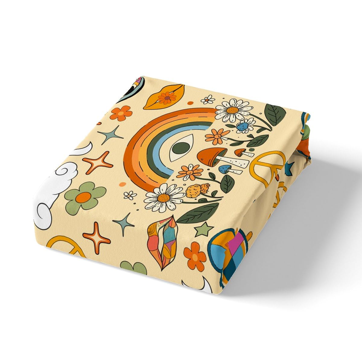 Castle Fairy Kids Retro 70s Hippie Style Bed Sheet Set King Size,Mushroom Bedding Set for Children Adult Present,Rainbow Floral Stars Moon Bedding (1 Fitted,1 Flat,2 Pillowcases), Microfiber
