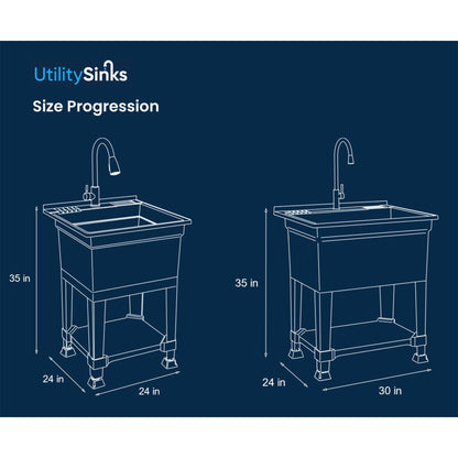 UTILITYSINKS Freestanding Utility Tub Sink with Quick Connect Drain, 24 x 24", White - Portable and Compact Sink with Faucet for Outdoor Kitchen, Laundry Room, Garage, and Basement