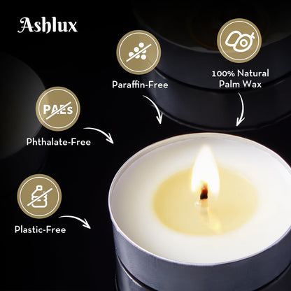 Ashlux Unscented Palm Tea Lights Candles 100 Pack Bulk, 8 to 9 Hours Long Burning White Tea Lights,Non-Paraffin, Smokeless, Mini Tealight Candles for Wedding, Table Centerpiece, Party, Power Outages