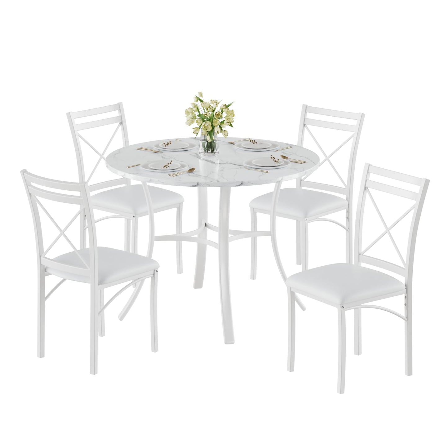 VECELO 5 Piece Dining Table Set for 4 with Chairs, Faux Marble Tabletop, Small Space, Kitchen, Breakfast Nook, White