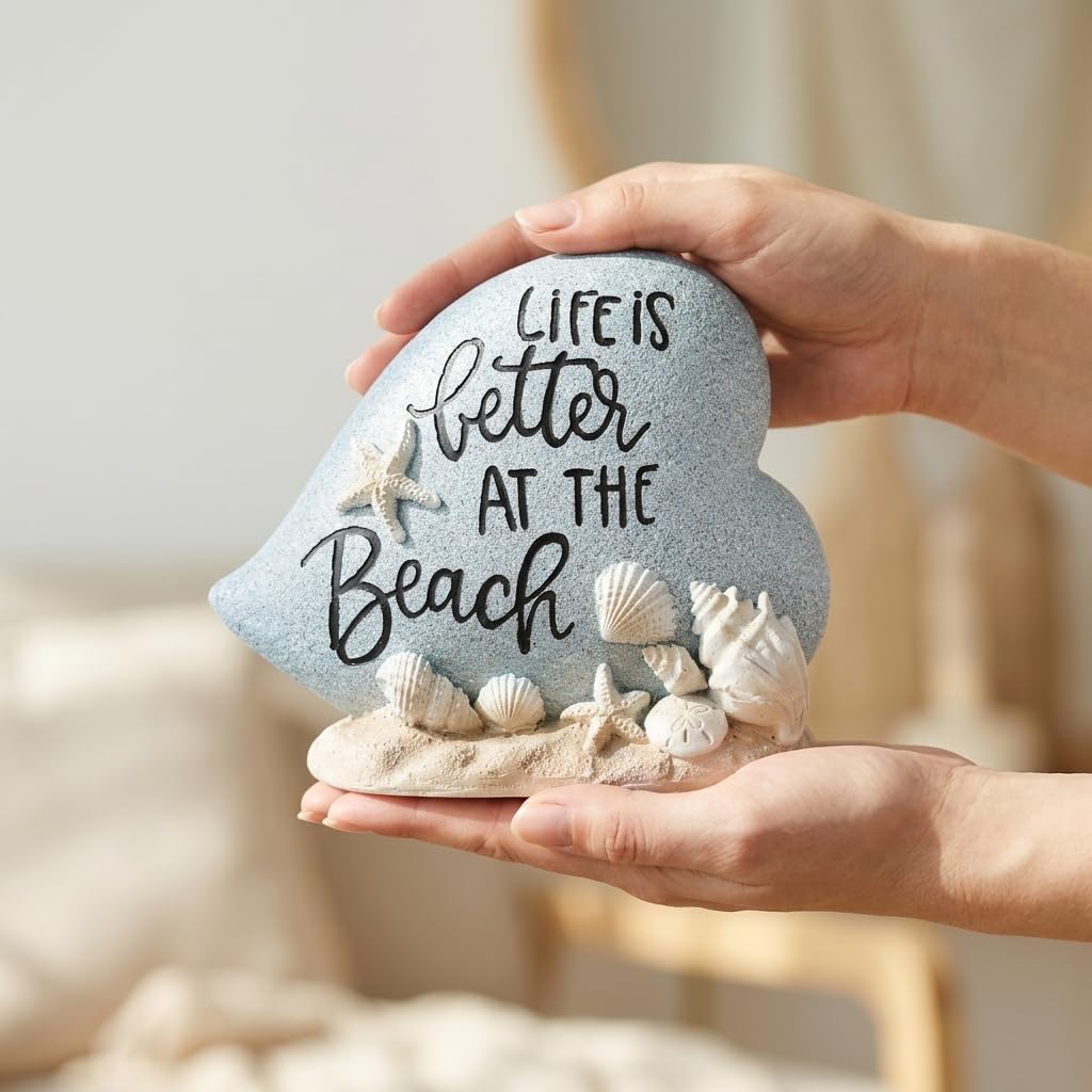 DOVDOV Resin Beach Decor Statue with Seashell and Starfish Accents, Coastal Heart Tabletop Sculpture with Life is Better at the Beach Message for Shelf Mantel Desk Home Display (Blue)