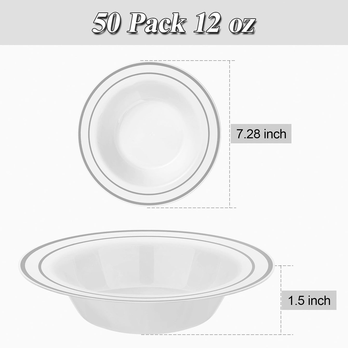 BESTSTAR 200 Pack Disposable Soup Bowls with Silver Rim, 12oz Premium Heavy Duty Plastic Dinner Bowls for Party, Wedding and Holiday