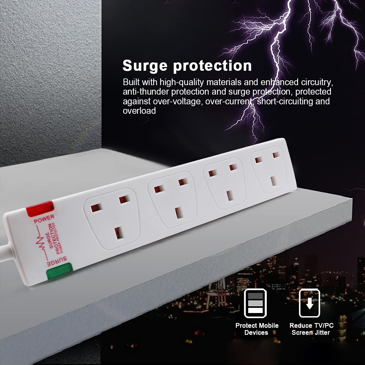 ExtraStar 4 Way Extension Lead with Surge Protection, 13A/250V~ Multi Sockets Power Strips, 3120W Fused UK Plug Wall Mounted Power Socket with 1M Extension Cord-White