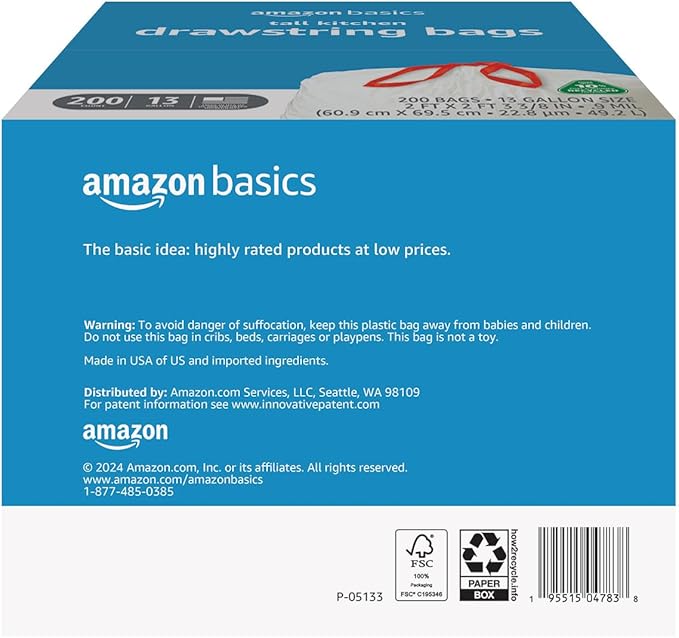 Amazon Basics 13 Gallon Tall Kitchen Drawstring Trash Bags, 10% Post Consumer