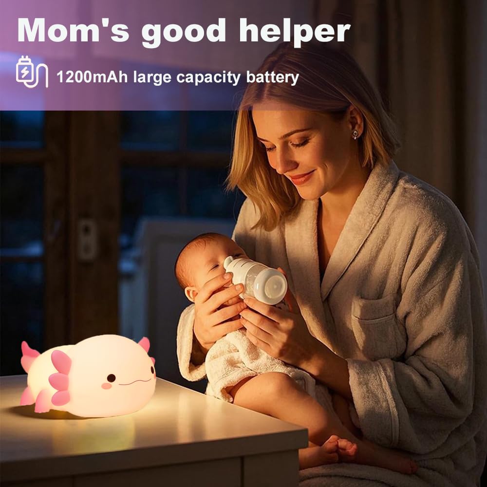 KangTen CHEN Cute Axolotl Night Light for Kids Bedroom, Animal Silicone Nursery Night Lamp Touch Control Nightlights USB Rechargeable Bedside Lamp for Baby Children Toddlers Girls Gift (Pink Axolotl)