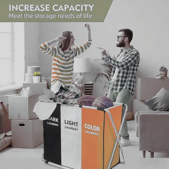 150L Laundry Cloth Hamper Sorter Basket Bin Foldable 3 Sections
