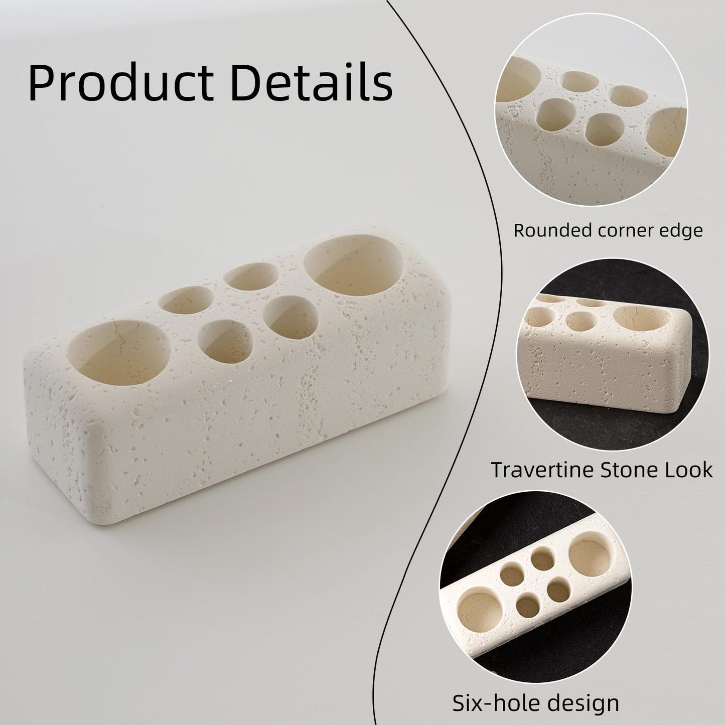 Haocoott Toothbrush Holder with 6 Slots, Bathroom Electric Toothbrush and Toothpaste Holder Set, Bathroom Organizer for Countertop, Shower, Vanity, Travertine Stone Look, Off-White