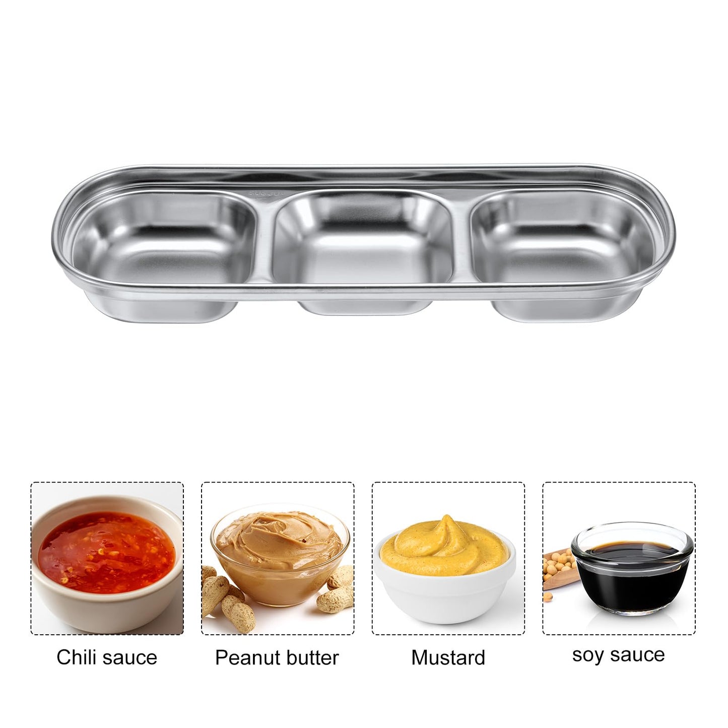 uxcell 4 Pack Stainless Steel Dish Dipping Bowls with Rectangular Compartment Divided, Metal Seasoning Plate Dipping Bowl for Condiment Home Party Restaurant Picnic Travel, Silver