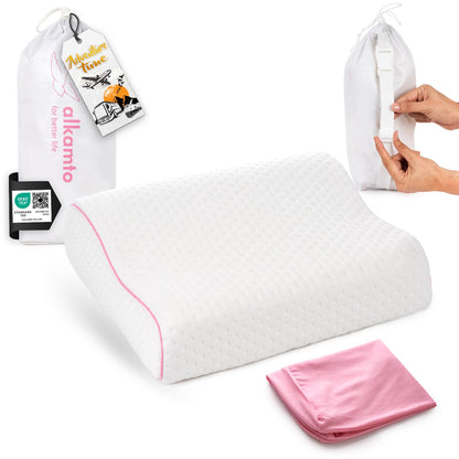 Alkamto Travel Pillow-Camping Pillow-Orthopedic Neck Support Memory Foam Pillow with Temperature Regulating Pillowcase-Extra Cotton Cover-Carry Bag-Small pillow for travel by car,plane,train and hotel