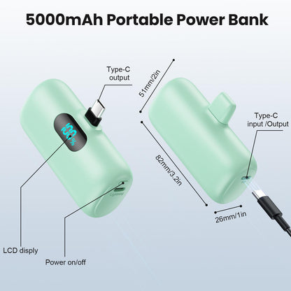 Mini Portable Charger USB C Power Bank,Upgraded 5000mAh PD Fast Charging Battery Pack Built-in USB-C Connector,LCD Display,Compatible with iPhone16,16 Plus,16Pro/Max/15,iPad Pro/Air,Android Phone etc