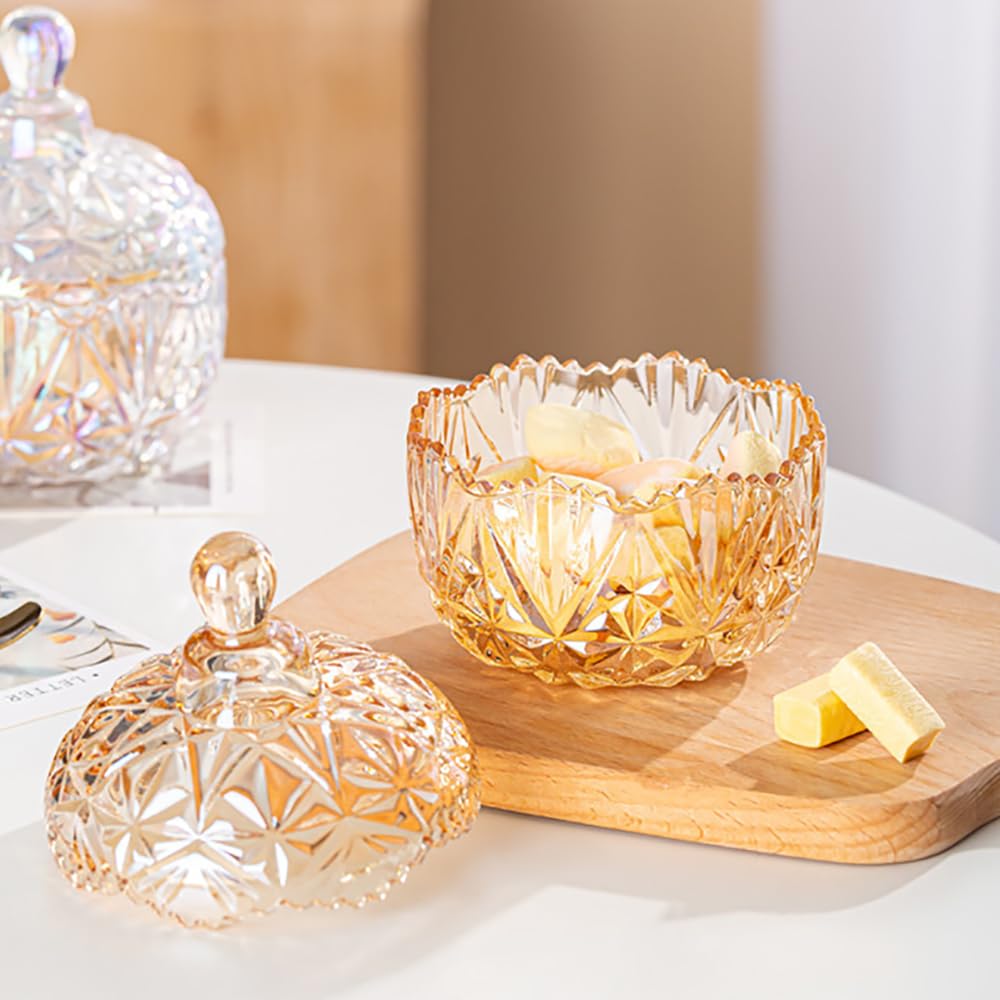 EWEIGEER Amber Crystal Glass Candy Snack Jar Fall Candy Dish Embossed Luxury Cookie Buffet Canister With Lid Jewelry Box