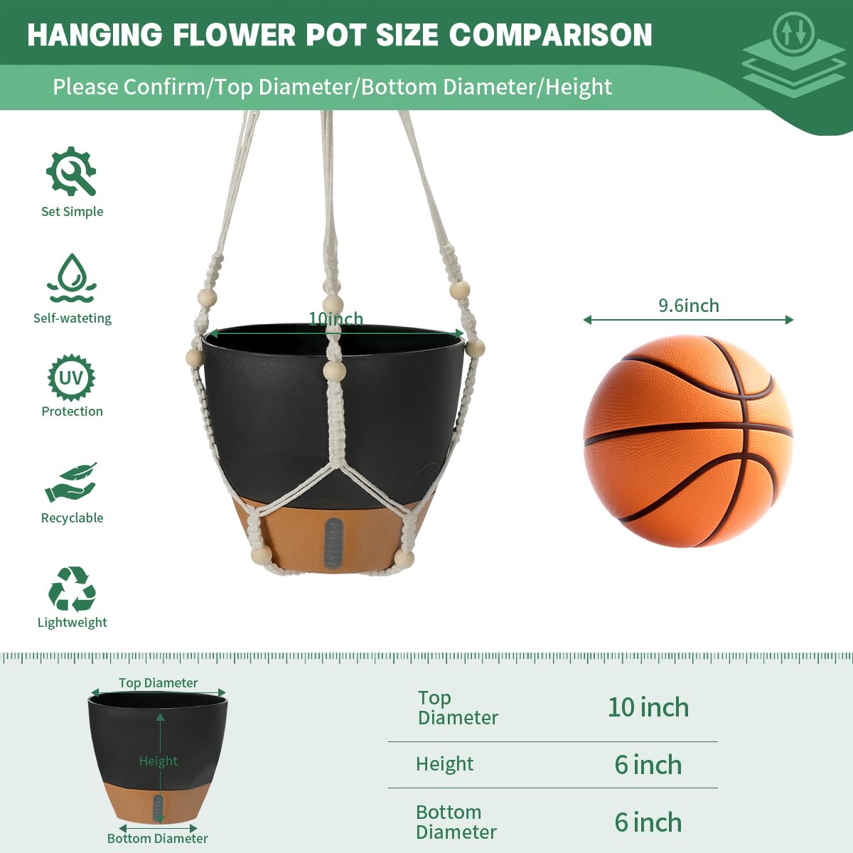 YUNLINGAA Self-Watering Hanging Planters for Indoor Plants Set 2-Piece Includes Plant Hanging Pot, Drainage-Hole Hanging Pot, and Hanging Basket Rack (10 Inches, Black)