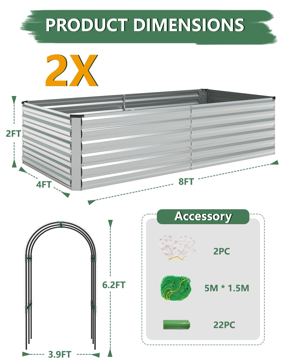 FOOWIN Raised Garden Bed with Arch Trellis for Climbing Plants,Galvanized Raised Garden Bed,Planter Boxes Outdoor for Vegetables Flowers Herb,478 Gallon Capacity Silver