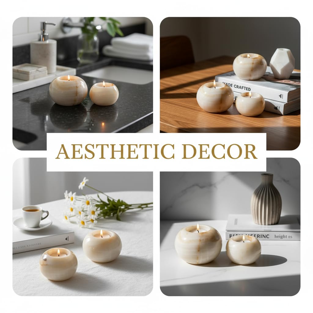 Radicaln Marble Tealight Candle Holder 4" Inch White Onyx Handmade Decorative Votive Candle Holder for Home Decor, Elegant Set of 3 Mini Candle Holders & Marble Taper Holder for Housewarming Gifts