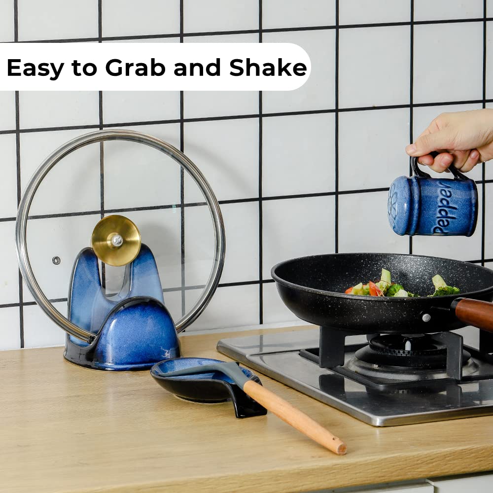 Nihow Ceramic Salt and Pepper Shakers Set & Pot Lid Holder: Heat Resistant & Dishwasher Safe Salt Shaker with Handle & Pan Lid Holder for Kitchen Counter Decor/Countertop - Elegant Black & Blue