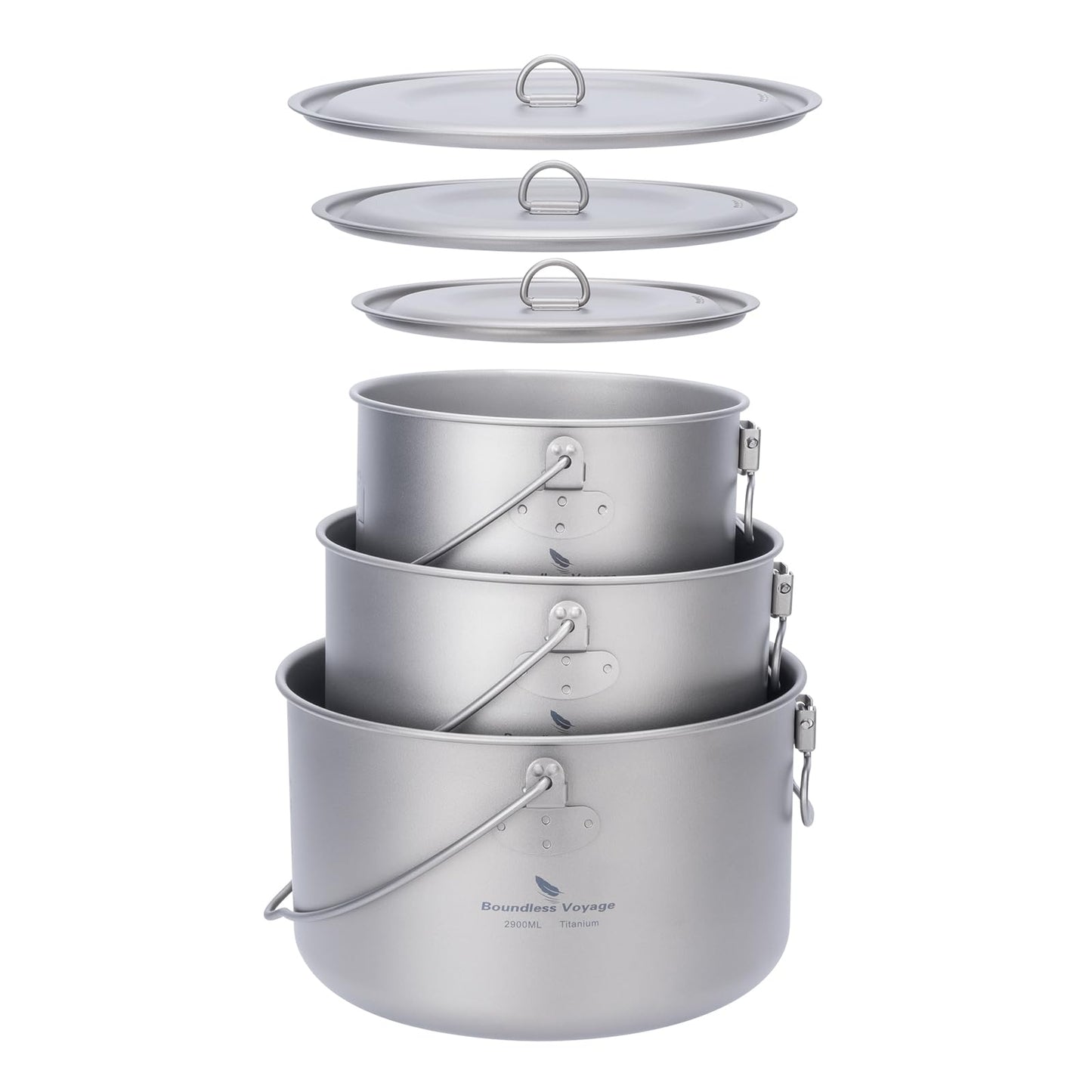 iBasingo 3-Piece Titanium Pot Set (1.3L+1.95L+2.9L) with Lids Ultralight Camping Cookware for Backpacking, Hiking & Outdoor Cooking, Nesting Backpacker Pots with Measurement Marks Ti2056C