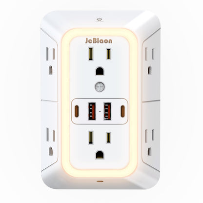 Wall Outlet Extender with Night Light, Power Plug Adapter 6 Outlet Extender with 4 USB Charging Ports 1050J Power Strip Multi Plug Adapter Spaced for Home Travel Office (2U2C)