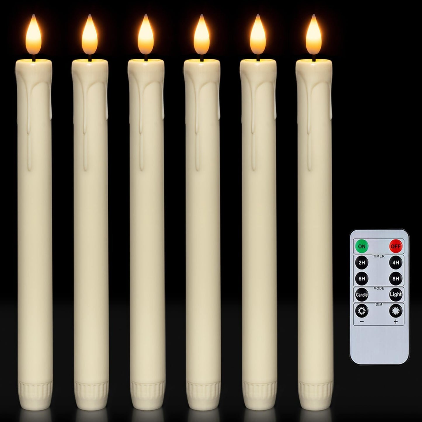 Homemory 6 Pack Plastic Taper Flameless Candles with Remote, Timer, Battery Operated CandleSticks with Flickering Bright Light, 9.6 Inches for Home Decoration
