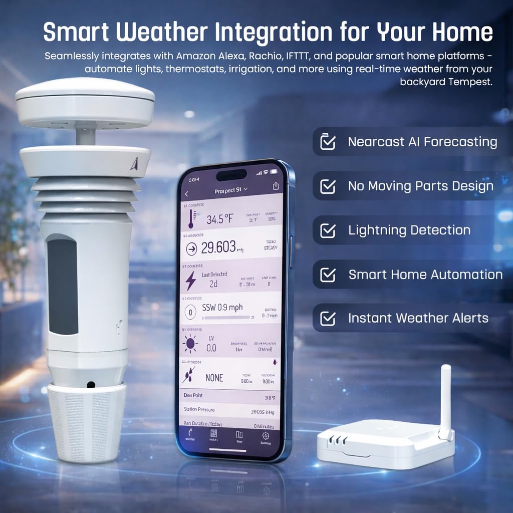 Tempest Weather Station with Built-in Wind Meter, Rain Gauge, and Accurate Weather Forecasts, Wireless, App and Alexa Enabled