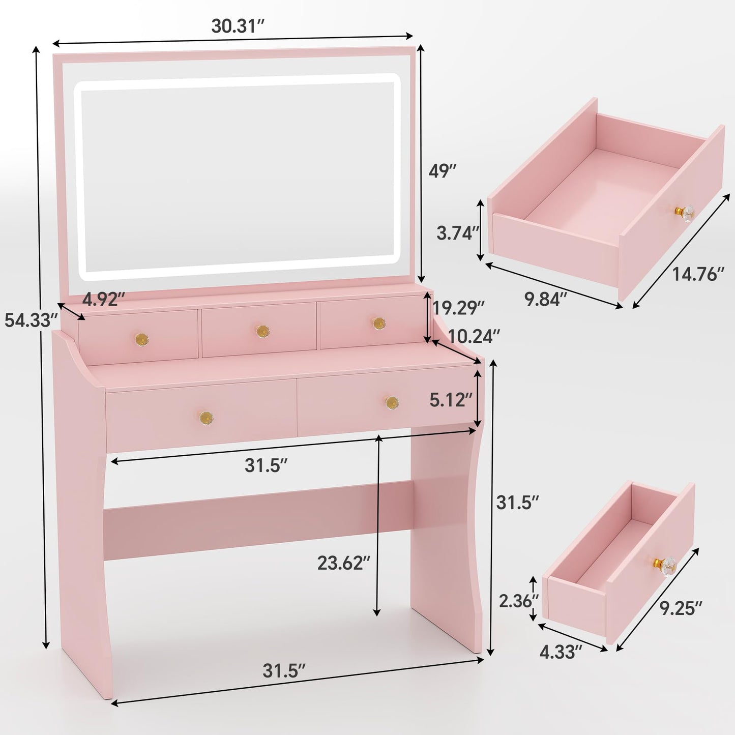 COMHOMA Makeup Vanity Desk with Mirror and Lights, Vanity Table and Chair Set with 5 Drawers and Charging Station, Bedroom Dresser LED Mirror Stepless Dimmable & 3 Color Modes Adjustable, White