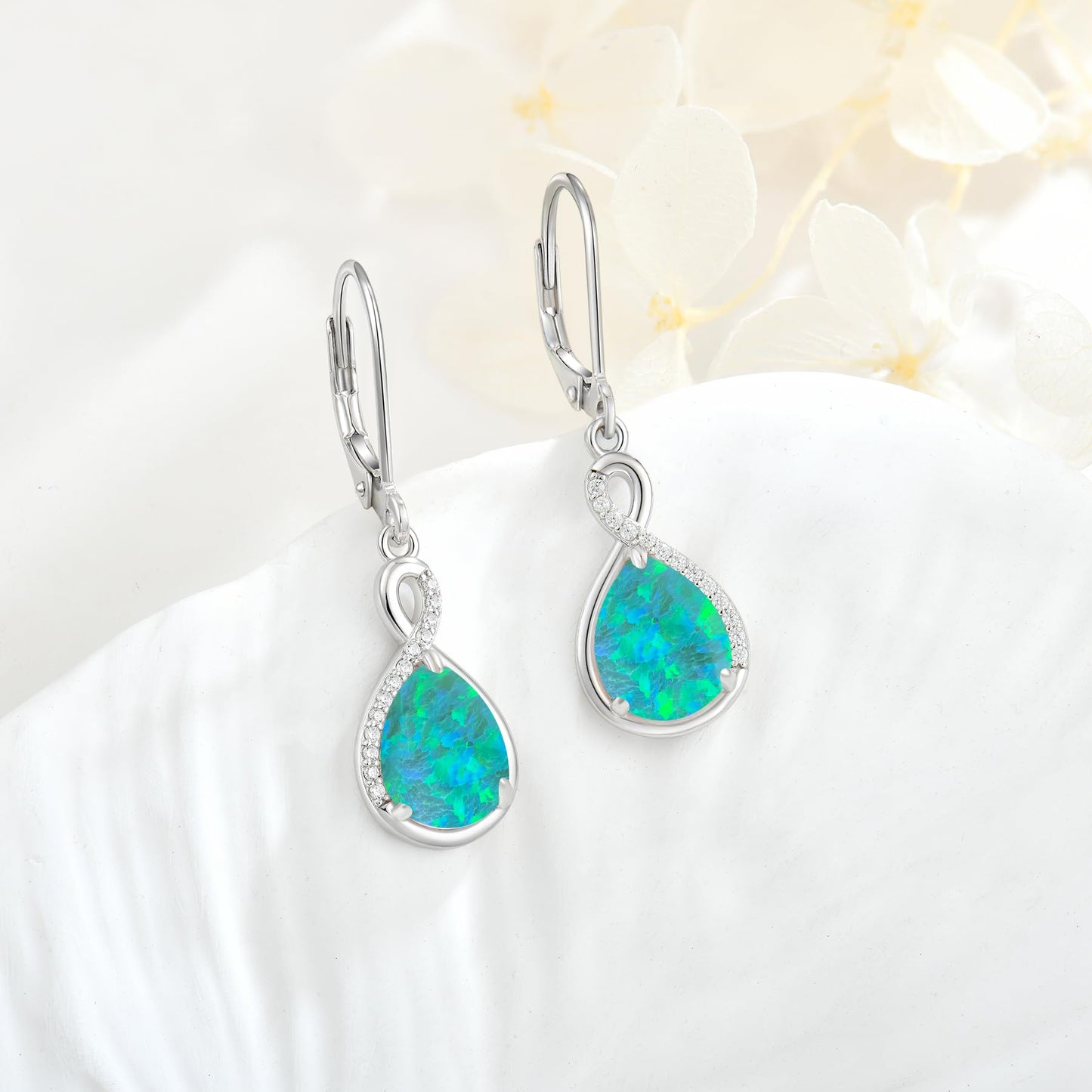 FYNSBLE Green Opal Earrings for Women Sterling Silver Infinity Opal Dangle Drop Leverback Earrings Hypoallergenic Jewelry for Women