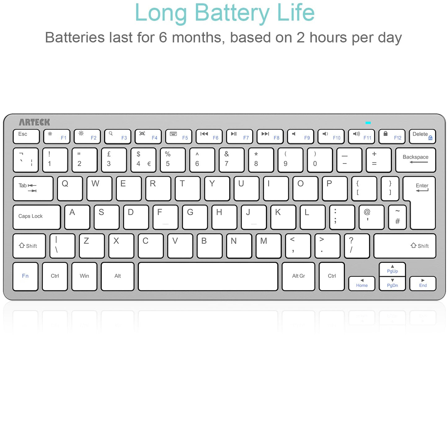 Arteck Ultra-Slim Bluetooth Keyboard Compatible with iPad 10.2-inch/Air/ 9.7-inch/Pro/Mini, iPhone and Other Bluetooth Enabled Devices Including iOS, Android, Windows, Silver